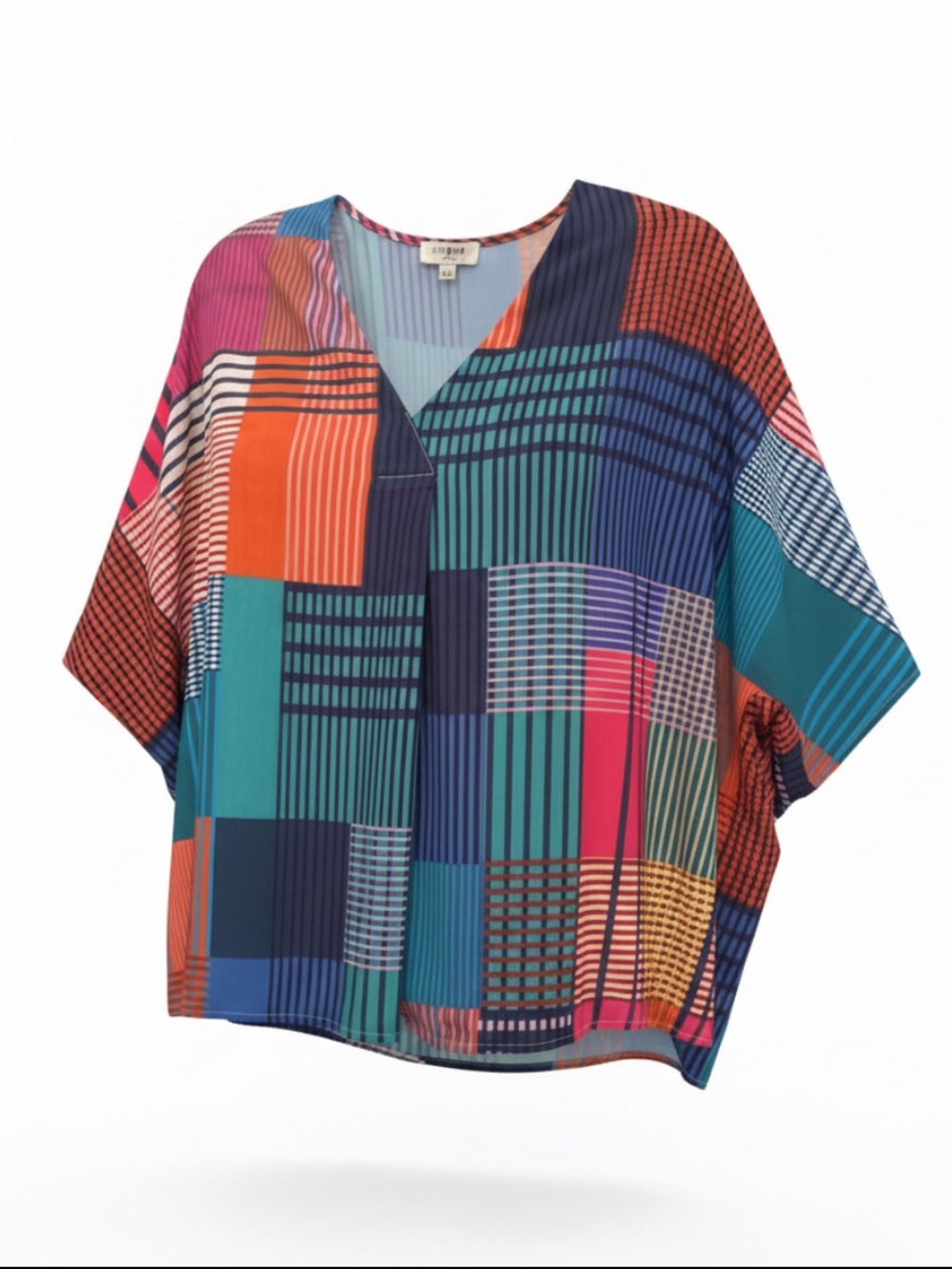 Umgee Teal & Coral Multicolor Geometric V-Neck Tunic
